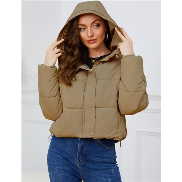 Womens Cropped Puffer Jacket Hooded Zip Up Brown - Picture 4 of 6